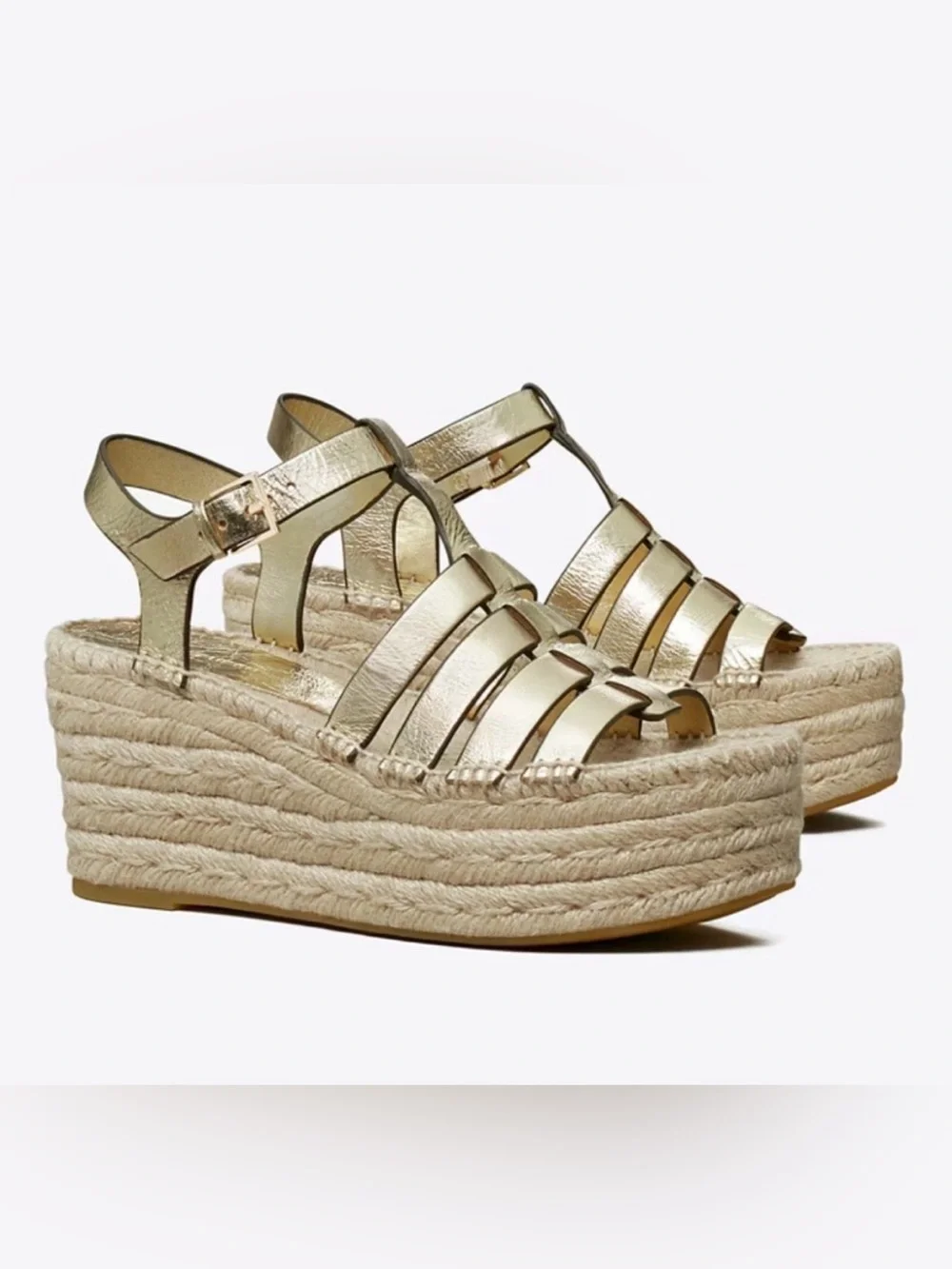 Tory Burch Fisherman Leather Metallic Gold Espadrille Platform wedges sandals 7M